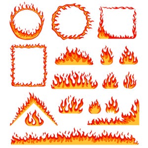 May include: A collection of stylized fire illustrations in shades of red, orange, and yellow. The designs include circular and rectangular frames, flames in various shapes, and a border element. The artwork is suitable for graphic design and decorative purposes.