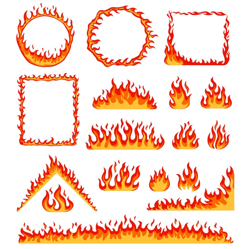 May include: A collection of stylized fire illustrations in shades of red, orange, and yellow. The designs include circular and rectangular frames, flames in various shapes, and a border element. The artwork is suitable for graphic design and decorative purposes.