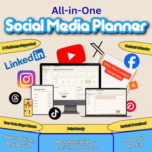 May include: An advertisement for an All-in-One Social Media Planner. The image shows a computer monitor, laptop, and tablet displaying social media interfaces. Logos for Instagram, Facebook, YouTube, LinkedIn, and other platforms are included. Text includes "300+ Pre-Loaded Templates" and "Instant Download."