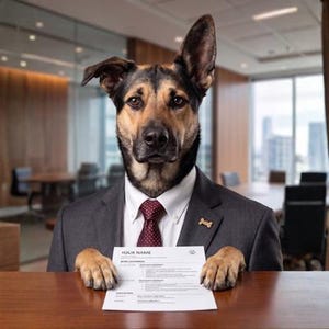 Puede incluir: Un perro con un traje gris, camisa blanca y corbata burdeos, sosteniendo un currículum con las palabras "YOUR NAME" visibles. Un pin dorado en forma de hueso está en la solapa del traje. El perro está en un entorno de oficina.