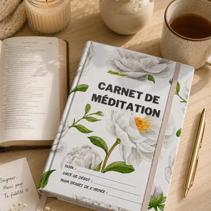 Peut inclure: Un carnet de méditation avec des illustrations florales et le texte "CARNET DE MÉDITATION". Un carnet ouvert avec des invites à remplir. Une bougie allumée, une tasse de thé, un stylo et un livre sont également sur la surface en bois.