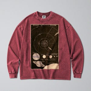 以下が含まれることがあります： 色あせたバーガンディレッドの長袖クルーネックTシャツ。フロントには、ヴィンテージ風の太陽系図の長方形のグラフィックプリントがあり、「SOLAR SYSTEM」や「COMPARATIVE MAGNITUDES」という文字と惑星のイラストが描かれています。