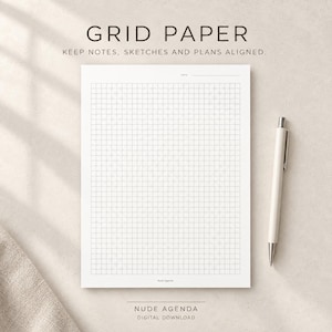K&ouml;nnte beinhalten: Ein wei&szlig;es Blatt kariertes Papier mit einer Datumszeile oben, das den Text GRID PAPER, KEEP NOTES, SKETCHES AND PLANS ALIGNED und NUDE AGENDA DIGITAL DOWNLOAD enth&auml;lt. Ein wei&szlig;er Stift befindet sich rechts neben dem Papier.