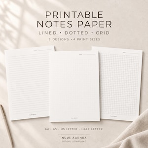 Puede incluir: Tres hojas de papel para notas imprimible con diseños de líneas, puntos y cuadrícula. Cada hoja incluye una línea de fecha en la parte superior y el texto Nude Agenda en la parte inferior. El texto dice Printable Notes Paper, Lined, Dotted, Grid, 3 Designs, 4 Print Sizes, A4, A5, US Letter, Half Letter, Nude Agenda, Digital Download.