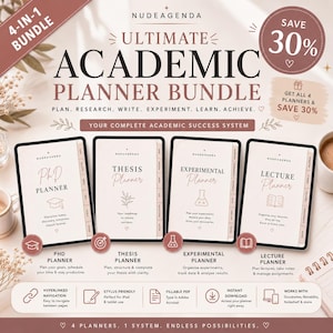 May include: An academic planner bundle with four digital planners: PhD, Thesis, Experimental, and Lecture. The image features a 4-in-1 bundle offer with a 30% discount. The planners are designed for research, writing, and achieving academic success.