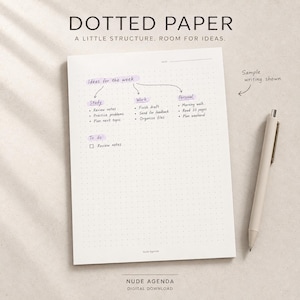 K&ouml;nnte beinhalten: Ein Blatt wei&szlig;es Punktrasterpapier mit dem Text DOTTED PAPER A LITTLE STRUCTURE. ROOM FOR IDEAS. Das Papier enth&auml;lt handschriftliche Notizen in violetter Tinte, die in Kategorien wie Study, Work und Personal unterteilt sind. Ein beiger Stift liegt rechts daneben.