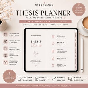 May include: Digital thesis planner with the text "THESIS PLANNER" and "NUDEAGENDA". The planner includes sections for planning, research, structure, and tracking. It is designed for PhD students and researchers. Includes stylus-friendly features.