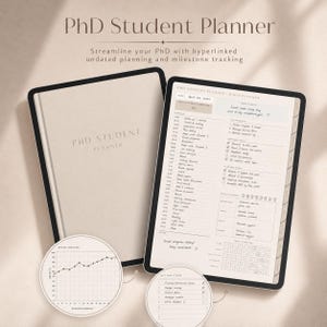Puede incluir: Un planificador digital para estudiantes de doctorado mostrado en una pantalla de tableta y una portada cerrada, con horario diario, objetivos académicos, seguimiento de comidas y un gráfico de seguimiento de notas y tareas.