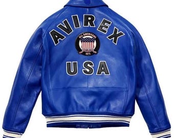 Avirex USA Edition Blue Leather Bomber Jacket Genuine Cowhide Leather Biker Jacket Varsity Style Iconic Avirex Jacket Perfect Gift for Him