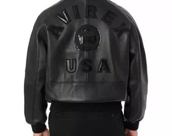 Men's Black Avirex USA Edition Leather Bomber Jacket Genuine Cowhide Leather Biker Jacket Cafe Racer Streetwear Jacket Best Gift for Him