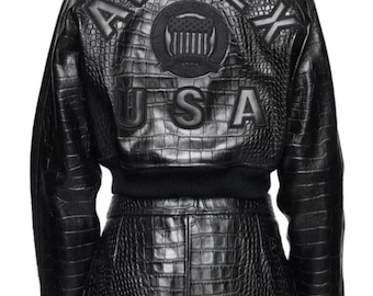 Avirex USA icon Chaqueta corta de cuero negra para mujer Chaqueta de cuero genuino de vaca Chaqueta de cuero para mujer con falda Regalo de cumpleaños para ella