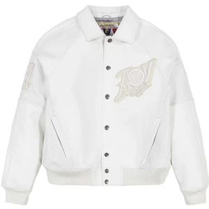 May include: A white varsity jacket featuring a classic collar, snap-button front closure, and ribbed cuffs and hem. The jacket includes perforated side panels, two front pockets, and a large embroidered patch on the chest with the text AVIREX.