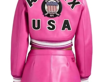 Avirex Women Cropped Pink Leather Jacket and Skirt Set Genuine Cowhide Bomber Jacket Streetwear Outfit Fashion Jakcet Gift for Her