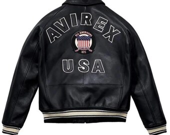 Chaqueta de cuero negra Avirex USA Icon para hombre, estilo militar, estilo bombardero, de piel de vaca auténtica, estilo motero, estilo universitario, regalo de cumpleaños.