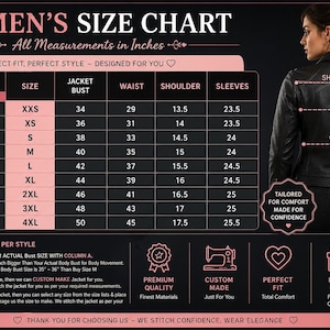 Puede incluir: Una tabla de tallas negra y rosa para chaqueta, con columnas para talla, busto, cintura, hombro y mangas en pulgadas. Incluye una ilustraci&oacute;n de una persona con una chaqueta negra y l&iacute;neas de medici&oacute;n indicadas en la prenda.