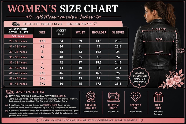 Puede incluir: Una tabla de tallas negra y rosa para chaqueta, con columnas para talla, busto, cintura, hombro y mangas en pulgadas. Incluye una ilustraci&oacute;n de una persona con una chaqueta negra y l&iacute;neas de medici&oacute;n indicadas en la prenda.