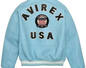 Chaqueta bomber Avirex USA Edition de cuero azul cielo, auténtica piel de vacuno, estilo motero, chaqueta universitaria, icónica chaqueta Avirex, el mejor regalo para él.