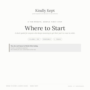 May include: A five-page digital document titled Kindly Kept Where to Start. This fillable and printable PDF guide features black text on a white background, including the phrases A ten-minute, gentle first step and You do not have to finish this today.