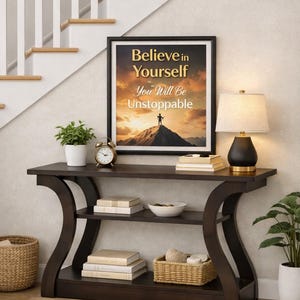 May include: A dark brown wooden console table with curved legs and two shelves. On the table sits a framed print with the text "Believe in Yourself You Will Be Unstoppable" over a mountain landscape, a black lamp, a clock, and books.