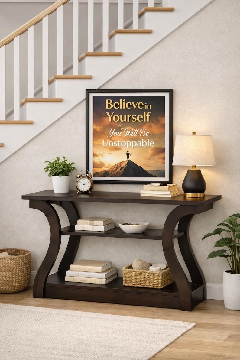 May include: A dark brown wooden console table with curved legs and two shelves. On the table sits a framed print with the text "Believe in Yourself You Will Be Unstoppable" over a mountain landscape, a black lamp, a clock, and books.