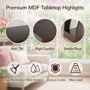 May include: A dark brown MDF tabletop with features labeled Premium MDF Tabletop Highlights, Anti-Tilt, High Quality, and Stable Base. Icons indicate easy maintenance, water resistance, durability, and a maximum load capacity of 66 lbs.