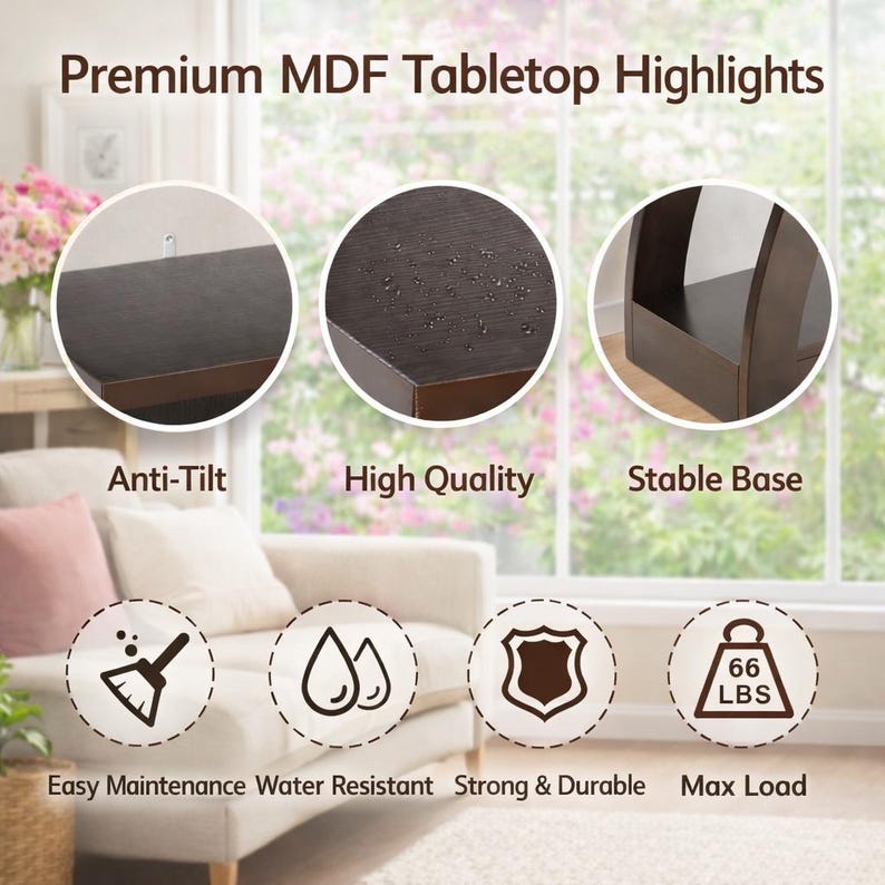 May include: A dark brown MDF tabletop with features labeled Premium MDF Tabletop Highlights, Anti-Tilt, High Quality, and Stable Base. Icons indicate easy maintenance, water resistance, durability, and a maximum load capacity of 66 lbs.