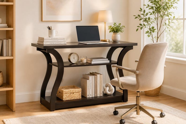 May include: A dark brown wooden desk featuring a curved frame design with a middle shelf and a bottom shelf. The desk holds a laptop, a white mug with pens, books, a round clock, a candle, and a woven basket. A beige upholstered office chair sits nearby.