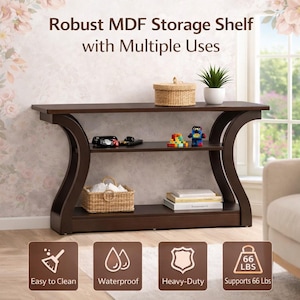 May include: A dark brown MDF storage shelf with a rectangular top and a lower shelf, supported by two curved side panels. The text "Robust MDF Storage Shelf with Multiple Uses" appears above, with four icons below indicating easy cleaning, waterproof, heavy-duty, and a 66 lbs weight capacity.