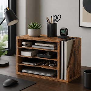 Wooden Desk Organizer with File Storage, Rustic Desktop Shelf Organizer, Office Paper Sorter, Mail Holder for Home Office
