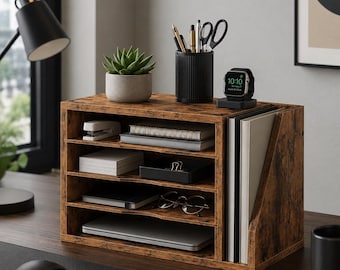 Wooden Desk Organizer with File Storage, Rustic Desktop Shelf Organizer, Office Paper Sorter, Mail Holder for Home Office