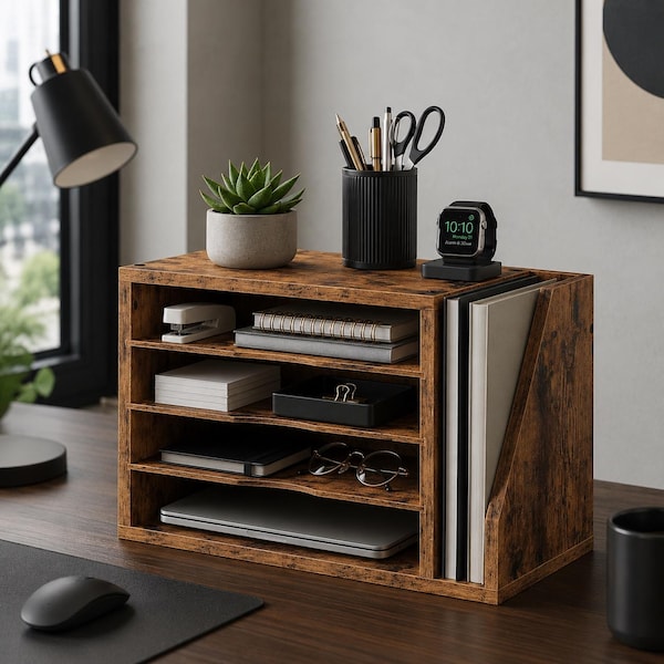 Wooden Desk Organizer with File Storage, Rustic Desktop Shelf Organizer, Office Paper Sorter, Mail Holder for Home Office