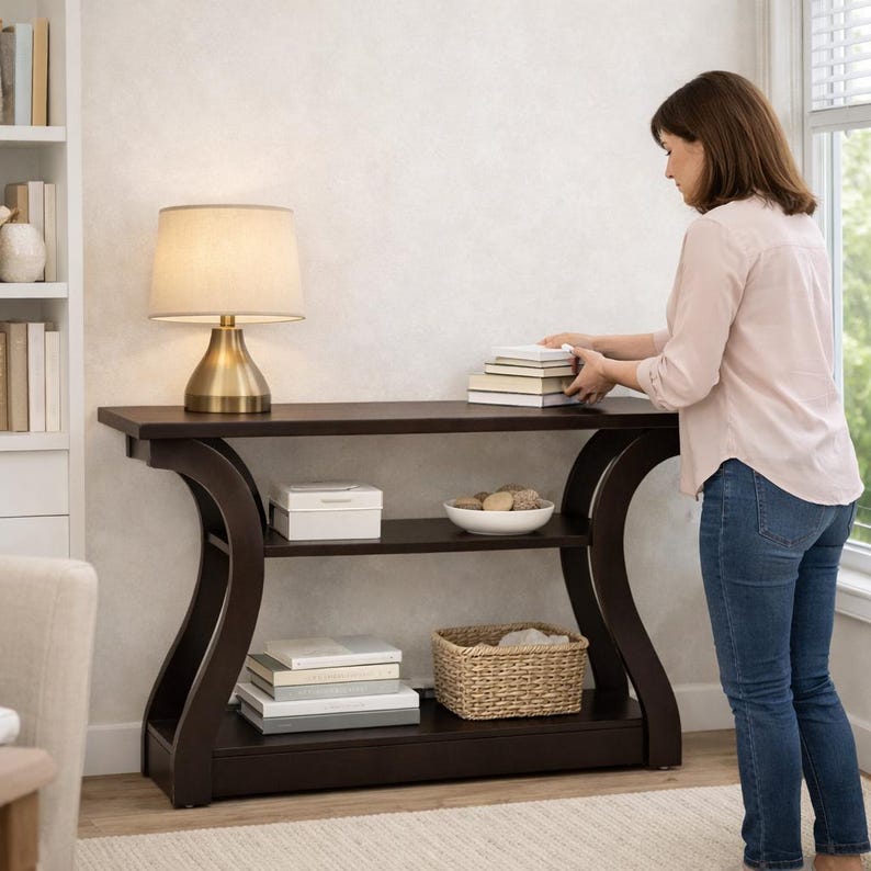 May include: A dark brown wooden console table with a curved frame, featuring a top surface, a middle shelf, and a bottom shelf. The table holds a brass-toned table lamp with a beige shade, a white box, a white bowl, and a woven basket.
