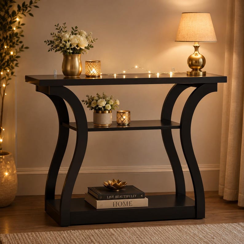 May include: A black console table with a curved frame, featuring a top surface, a middle shelf, and a bottom shelf. The table holds a gold lamp, two vases with white flowers, two candle holders, and two books titled Live Beautifully and Home.
