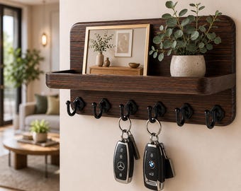 Wall Key Holder with Shelf, Wooden Mail Organizer, 6 Hook Key Rack, Entryway Organizer, Hallway Home Decor