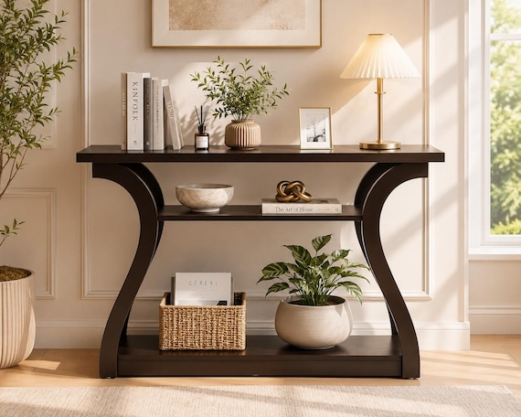 Modern Console Table with Storage Shelves, Dark Wood Entryway Table, Curved Leg Sofa Table, Hallway Furniture