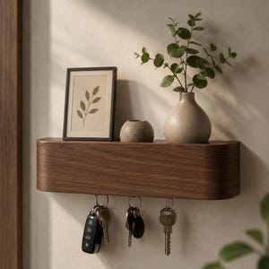 May include: A wooden key holder with a shelf, featuring a framed botanical print, a small decorative stone, and a beige vase with greenery. Below, keys hang from metal hooks. The wood has a warm, brown tone.