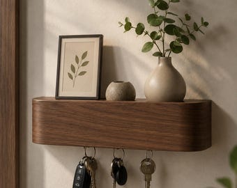 Walnut Key Holder Wall Mount, Minimalist Entryway Organizer, Modern Key Rack with Wooden Shelf, Berlin Style