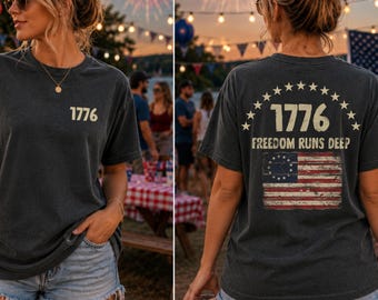 Camiseta Comfort Colors 1776, camiseta con bandera de EE. UU. desgastada, camiseta gráfica patriótica, Freedom Runs Deep, camiseta vintage del 4 de julio, regalo de EE. UU. para mujer