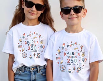 Kids America Turns 250 Shirt, Patriotic Doodle 4th of July Tee, 1776 2026 USA Anniversary Toddler Top