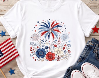 4th of July Shirt, Fireworks USA Tee, Patriotic Floral Shirt, Independence Day Tee, Red White Blue Tee, Freedom Tee, Americana Floral Tee