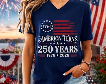 America Turns 250 V Neck Shirt, 1776-2026 Patriotic Flag Tee, 4th of July Shirt, USA 250th Anniversary Gift