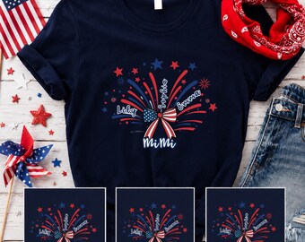 Personalized Grandma Fireworks Shirt, Custom Nana Mimi Gigi Tee, 4th of July Patriotic Bow Shirt, Grandkids Names USA Family Gift for Mom