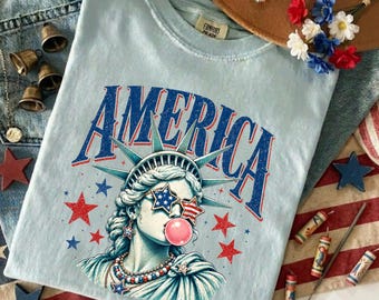 Comfort Colors America Statue of Liberty Bubble Gum Shirt, Funny 4th of July Tee, Patriotic Lady Liberty USA Graphic Tee