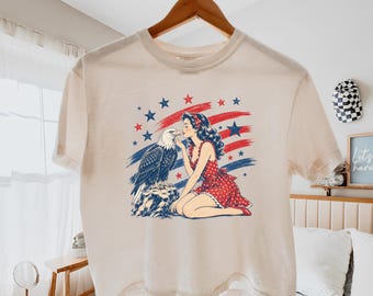 Comfort Colors Eagle Girl Shirt, Funny Patriotic Vintage Pinup Tee, 4th of July Retro America Graphic Shirt, Patriotic Gift Shirt for Women
