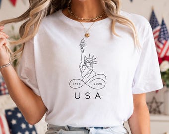 Camiseta con diseño lineal de la Estatua de la Libertad, camiseta USA 1776 2026, camiseta patriótica del 4 de julio, regalo minimalista para el Día de la Independencia de Estados Unidos para mujeres.