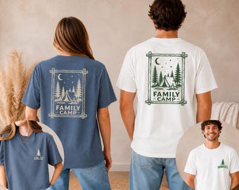May include: A blue t-shirt and a white t-shirt, each featuring a back graphic of a tent, pine trees, moon, and stars inside a rectangular frame with the text "FAMILY CAMP". The front of each shirt displays a small pine tree and a name.