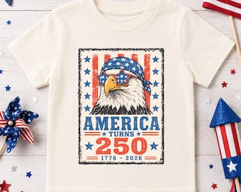 Kids America Turns 250 Eagle Shirt, Patriotic Boys July 4th Tee, 1776 2026 American Eagle Top