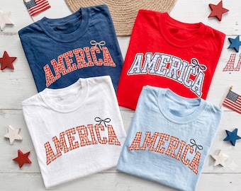 Comfort Colors America Gingham Tee, Red White Blue Patriotic Shirt, Custom 4th of July Outfit Women, Coquette Bow USA Matching Family Tee