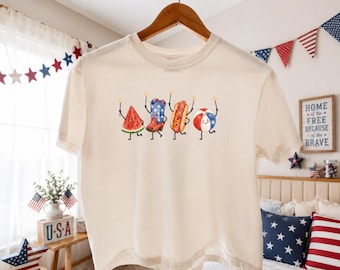 Comfort Colors Patriotic Doodle Boxy Tee, Cute 4th of July Shirt, Watermelon Hotdog Firework Tee, BBQ Summer Americana Shirt, Retro USA Tee