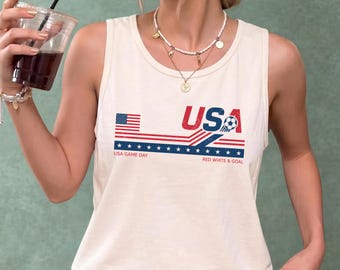 Comfort Colors USA Game Day Tank Top, Red White and Goal Tee, Patriotic Soccer Fan Tank, Vintage America Sports Shirt, Red White Blue Gift